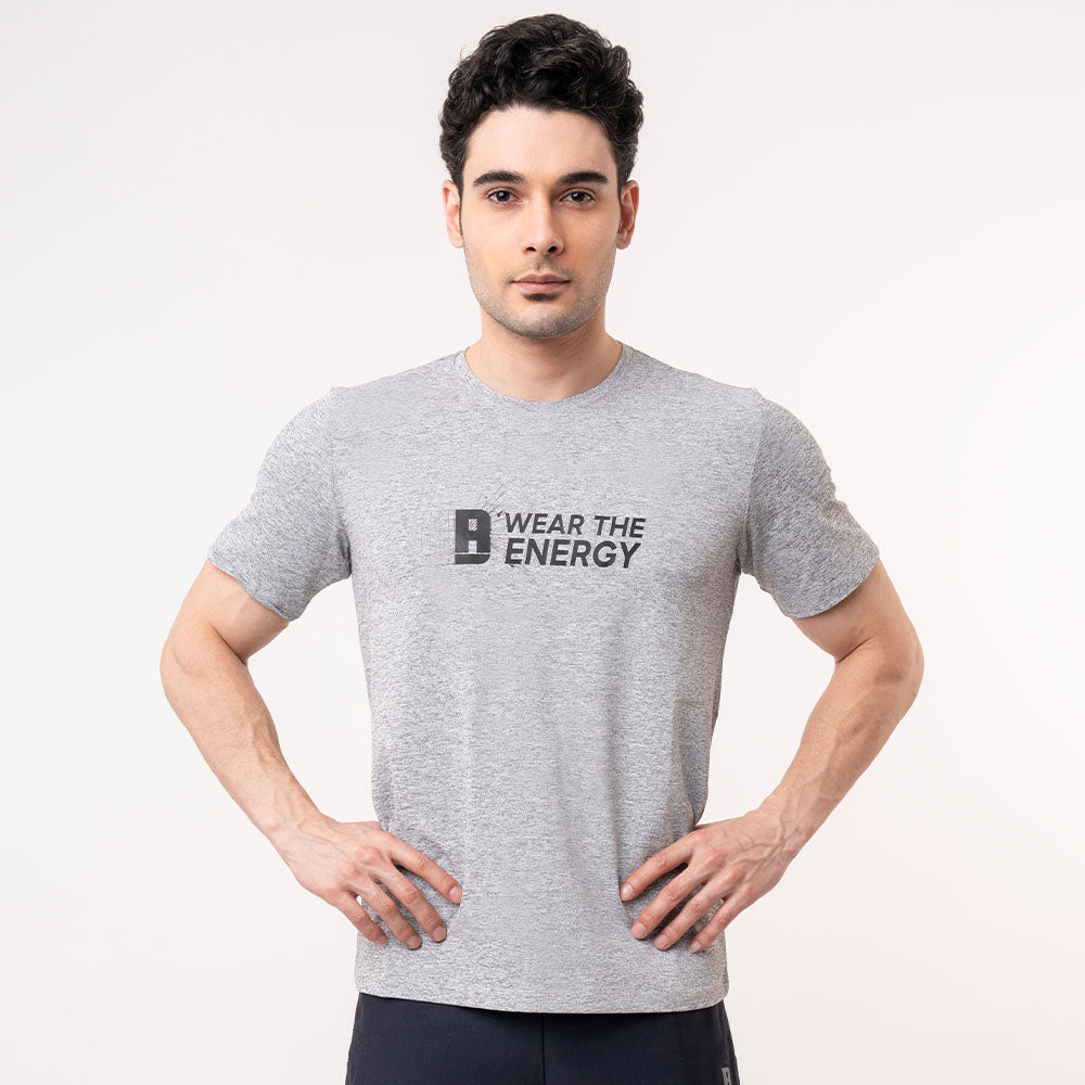 Grey Melange Printed Crew Neck Tee for Men