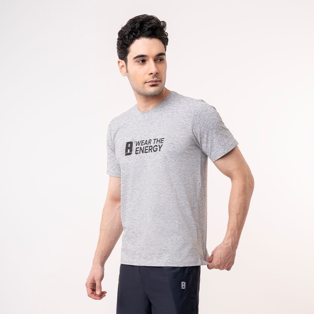 Grey Melange Printed Crew Neck Tee for Men