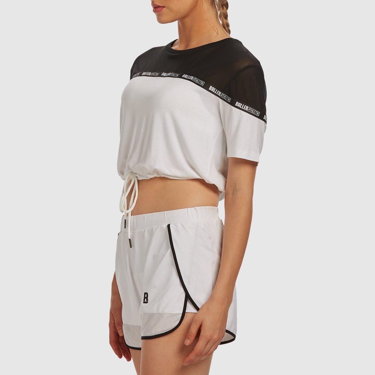 Sheer Shoulder Crop Tee - Black and White - Baller Athletik