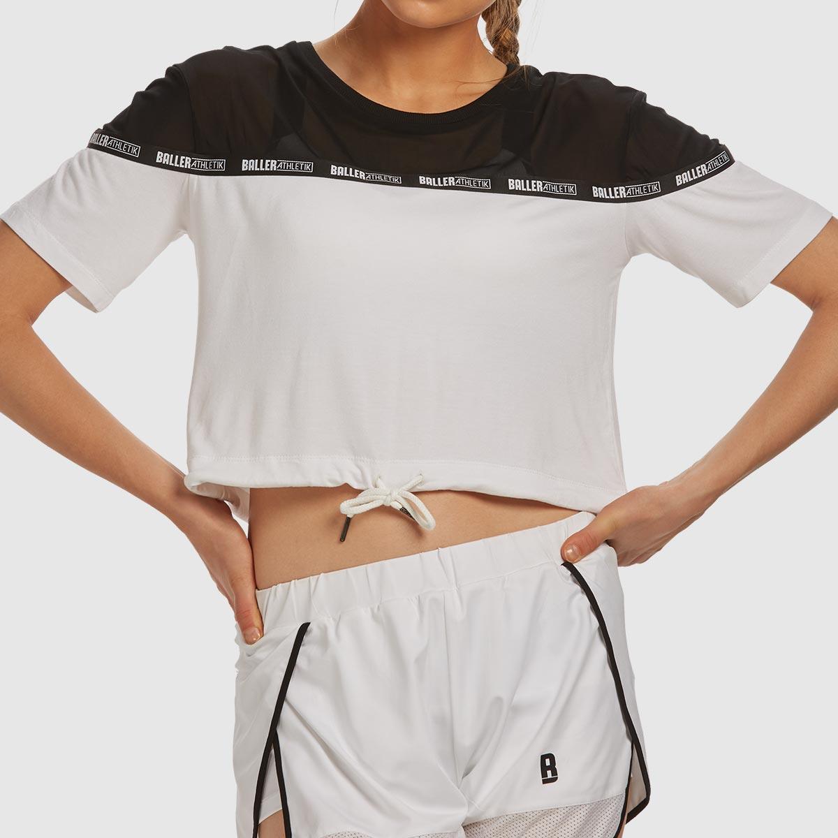 Sheer Shoulder Crop Tee - Black and White - Baller Athletik